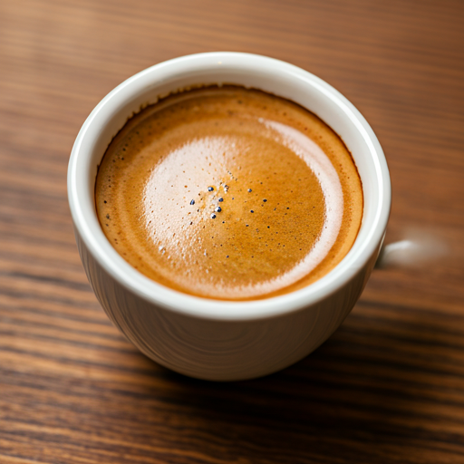 Close up of a perfect espresso with rich crema in a ceramic cup on a wooden surface