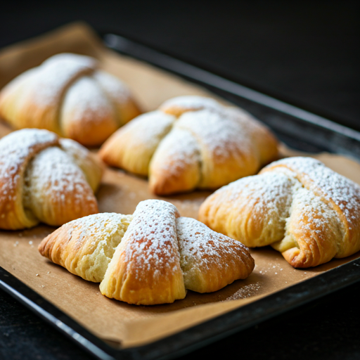 Freshly baked Italian pastries dusted with powdered sugar arranged on a parchment-lined tray